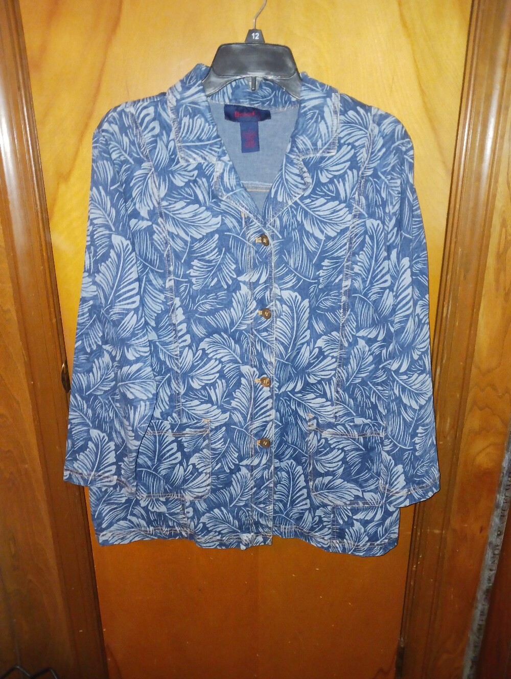 Blue Leaf-Print Button-Front Women's Blazer
